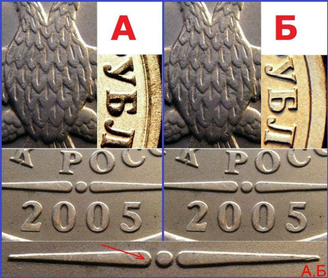Разновидности монеты 1 рубль 2005 СПМД. Штемпель А и Б